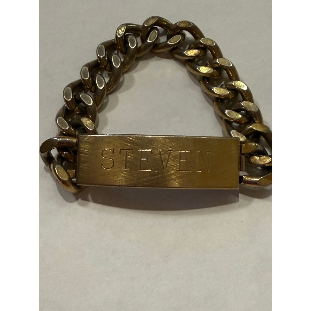 Vintage Speidel USA Mens Gold Tone ID Bracelet Steven Engraved Curb Link Chain